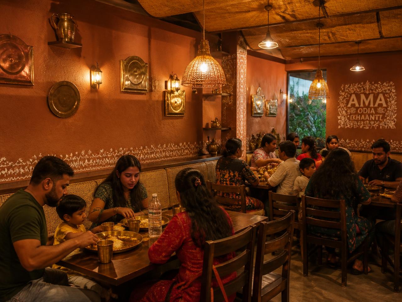 Warm terracotta dining room at Utkala Banga with brass lamps and families eating